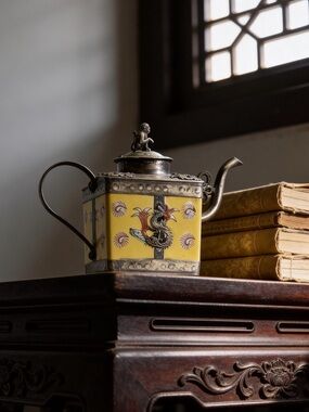Antique Yellow Ceramic Square Teapot with Metal Trim and Painted Bird Motif